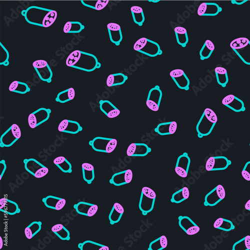Line Salami sausage icon isolated seamless pattern on black background. Meat delicatessen product. Vector