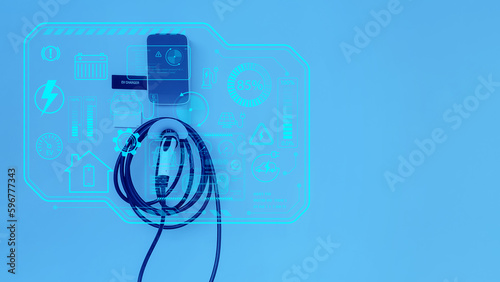 Futuristic home EV charging car box,power cable and plug supply to car,green energy and eco power sustainable source technology,artificial intelligence or AI controls electricity supply with smart car