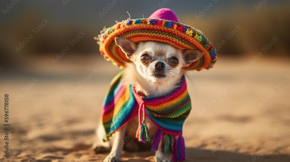 dog wearing colorful mexican hat, generative AI