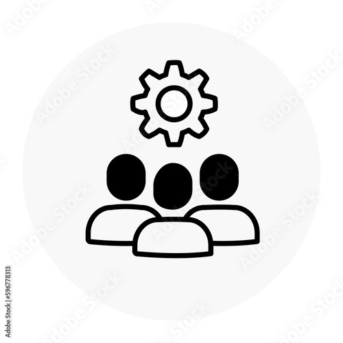 Three persons with a gear icon. Team management icon. Group settings icon. Collaborative management icon. Three-person gear icon. Vector icon with editable stroke.