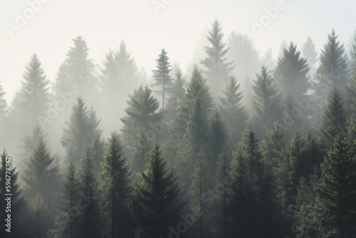 Repeating misty spruce woods design. Evergreens isolated on light background. Generative AI