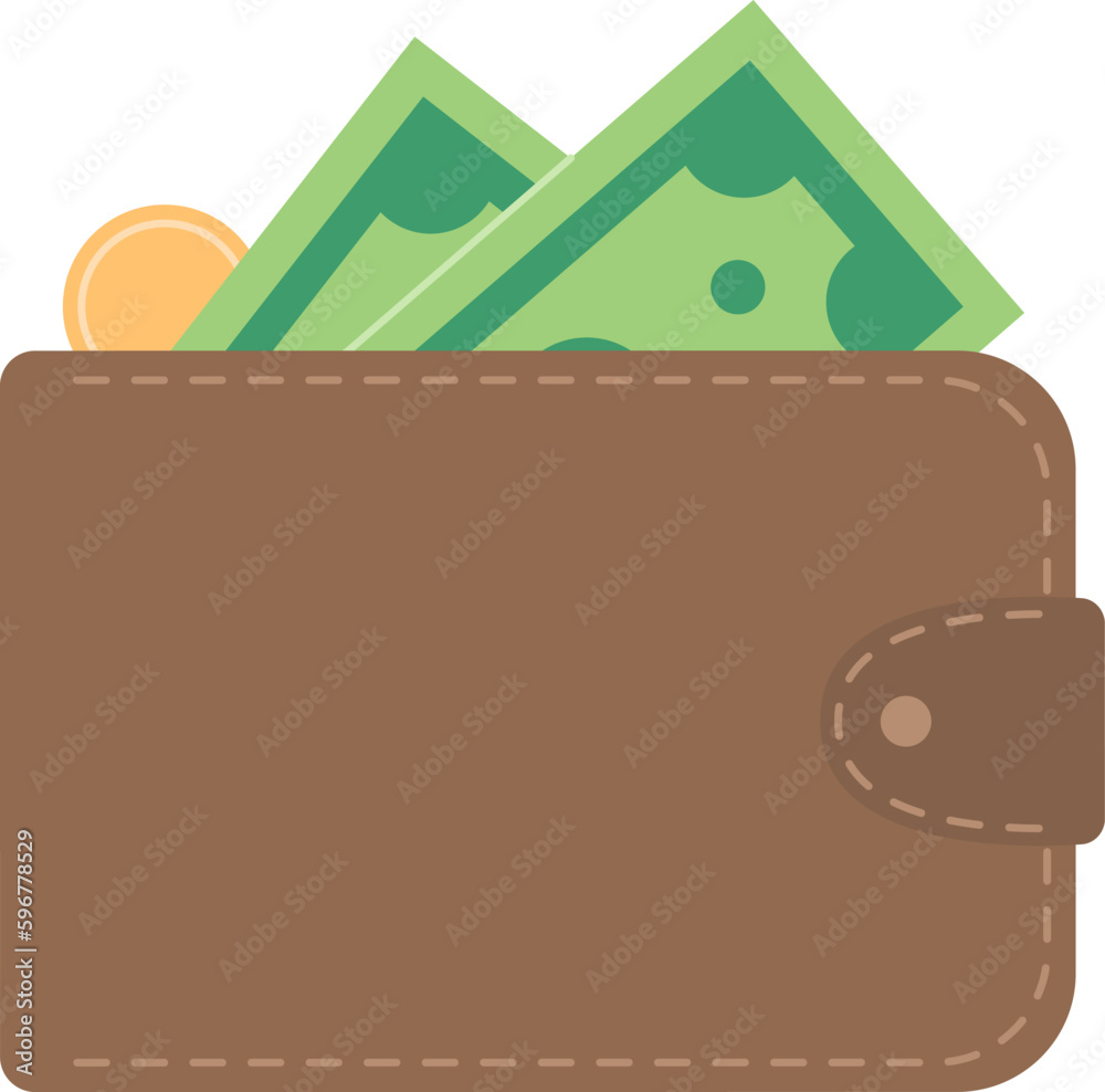 Brown wallet with money inside in simple style. Purse with cash: green paper banknotes and coin. Vector flat illustration isolated on white background