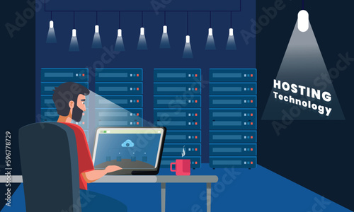 Technician working in the server room for Hosting platform management, data storage and administration