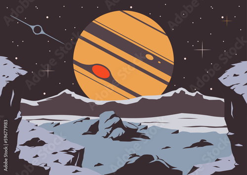 Retro Futurism Astronomy Fantastic Planet Landscape Poster. Universe Design Vintage Illustration