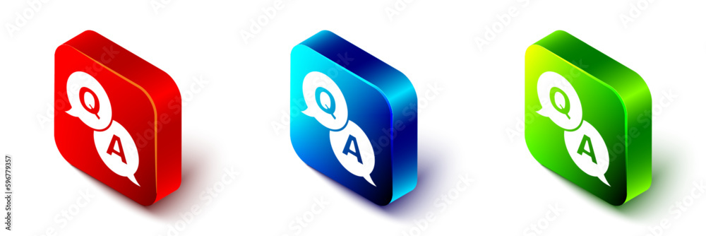 Isometric Speech bubbles with Question and Answer icon isolated on white background. Q and A symbol. FAQ sign. Chat speech bubble and chart. Red, blue and green square button. Vector Isometric Speech bubbles with Question and Answer icon isolated on white background. Q and A symbol. FAQ sign. Chat speech bubble and chart. Red, blue and green square button. Vector