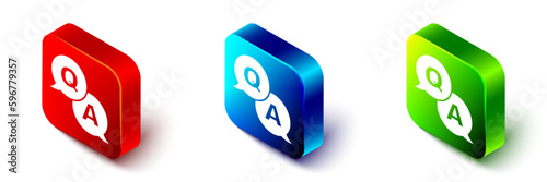 Isometric Speech bubbles with Question and Answer icon isolated on white background. Q and A symbol. FAQ sign. Chat speech bubble and chart. Red, blue and green square button. Vector