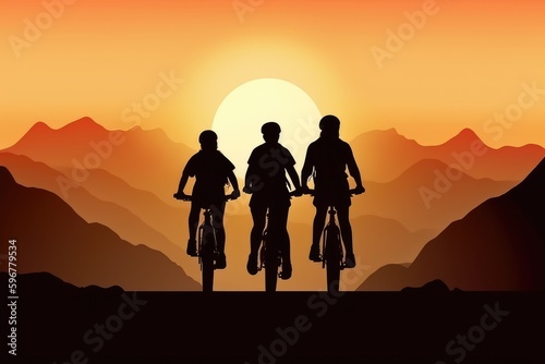 Backpacker family ride a bike on the road at sunset go to the mountain, behind view, silhouette, AIi generated