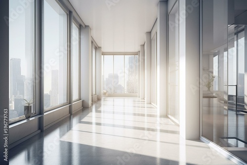 Contemporary empty hallway with white decor and cityscape outside. 3D illustration. Generative AI