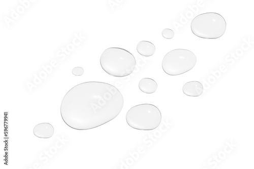 Drops of transparent gel or water in different sizes. On a white background.