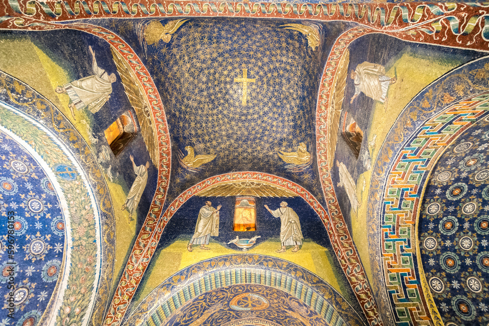 Ravenna, Italy - November 1 2021: Mosaics in the ceiling of the Mausoleum of Galla Placidia