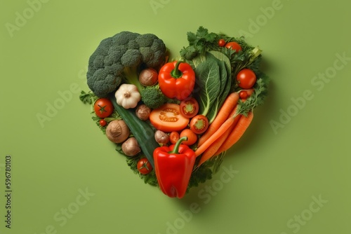 Realistic veggies heart on red-orange backdrop for a healthy diet. Green and veggie ingredients featured. Wallpaper artwork. Generative AI