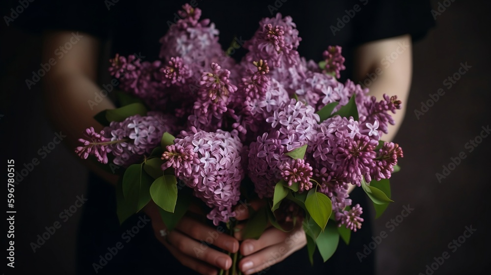 A woman holds a bouquet of lilacs close-upGenerate AI A woman holds a bouquet of lilacs close-upGenerate AI