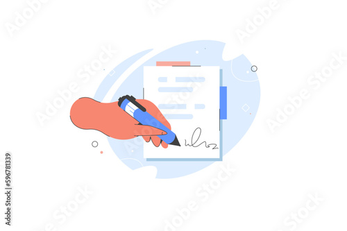 Signature of man. Businessman Signing document. Vector illustration. Hand with pen.