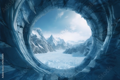 Landscape with mystical ice portal, mountains and glaciers in the background, fantasy concept. Generative AI