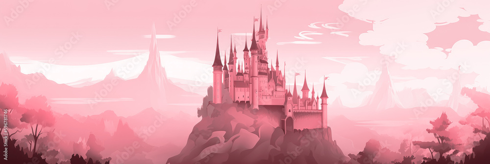 Fairy tale magic castle, pink wallpaper background, widescreen banner. Generative AI. - obrazy, fototapety, plakaty 