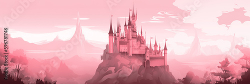 Fairy tale magic castle, pink wallpaper background, widescreen banner.