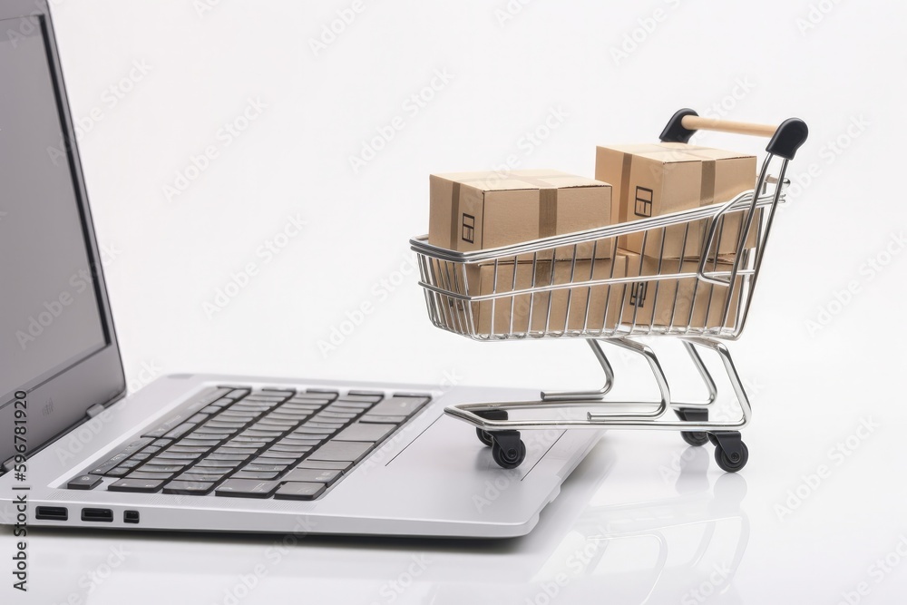 Shopping cart with cardboard boxes and laptop, white background, online stores concept. Generative AI