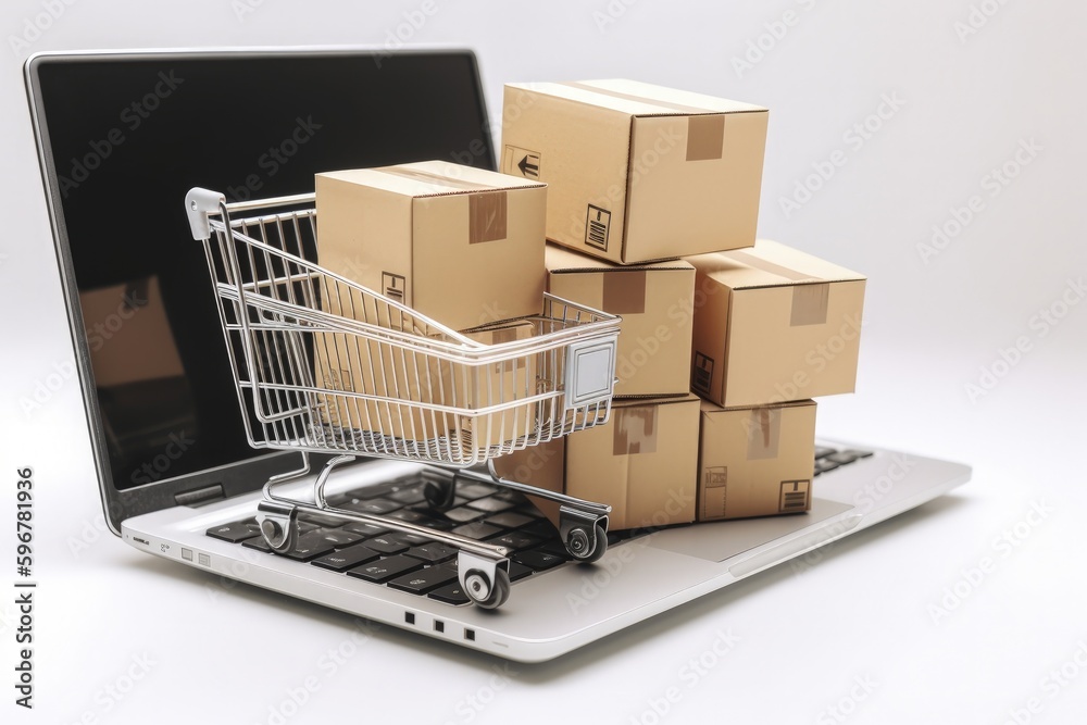 Shopping cart with cardboard boxes and laptop, white background, online stores concept. Generative AI Shopping cart with cardboard boxes and laptop, white background, online stores concept. Generative AI