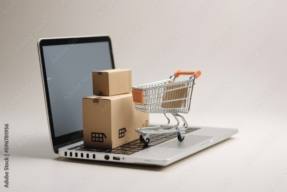 Shopping cart with cardboard boxes and laptop, white background, online stores concept. Generative AI