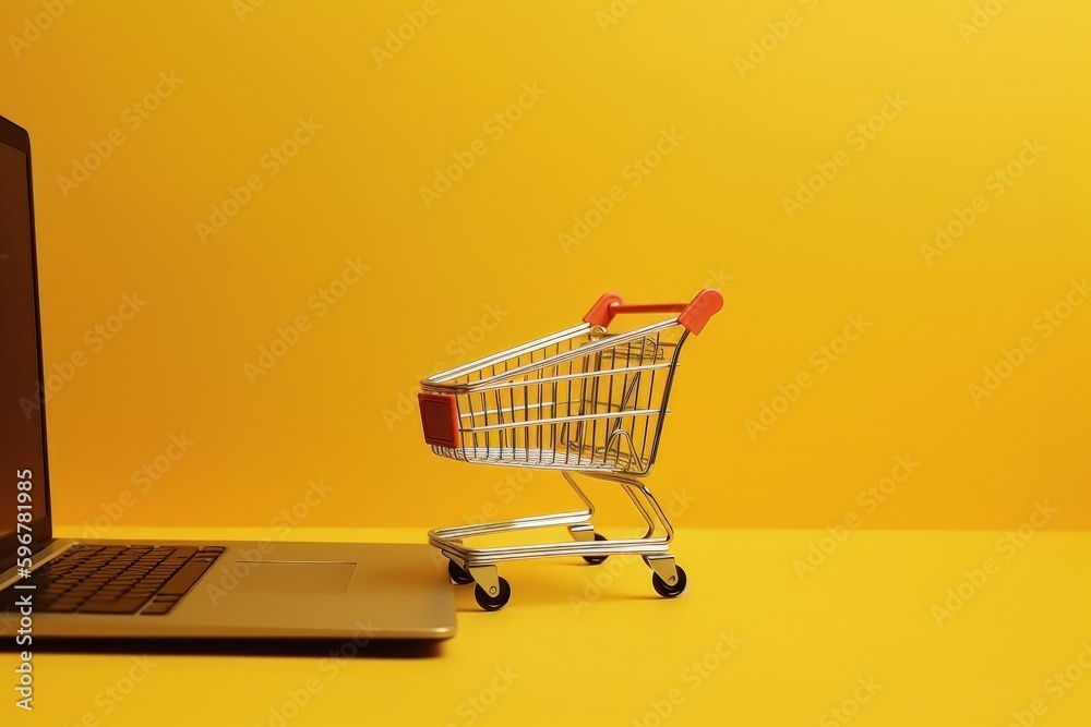  Illustration of shopping cart and laptop, yellow background , online stores concept. Generative AI
