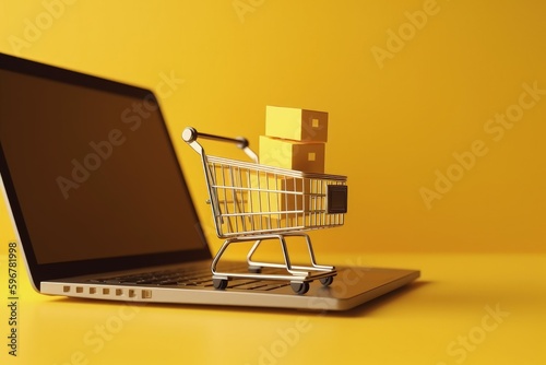 Shopping cart with cardboard boxes and laptop, yellow background, online stores concept. Generative AI