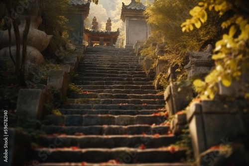 Mountain landscape with stone stairs, Chinese temple on top, forest. Generative AI