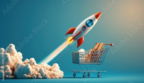 Shopping cart and rocket illustration, sales and business concept, blue background. Generative AI