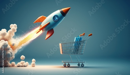 Shopping cart and rocket illustration, sales and business concept, blue background. Generative AI