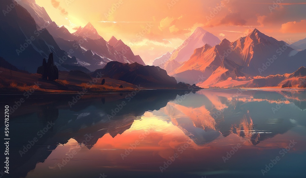  Digital painting of moutain at sunset reflecting on the water of a lake