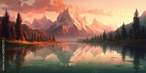  Digital painting of moutain at sunset reflecting on the water of a lake © Maximilien