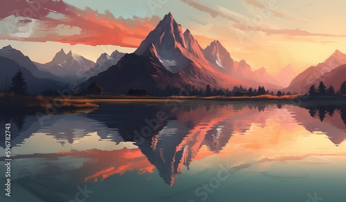  Digital painting of moutain at sunset reflecting on the water of a lake