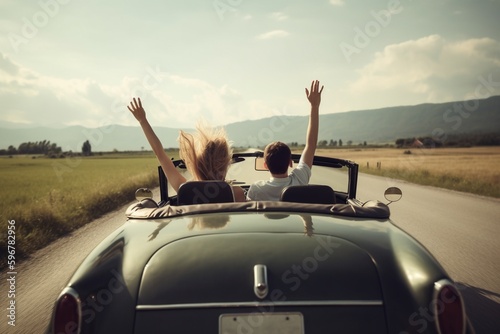 Happy woman with arms up on a road trip in a vintage car