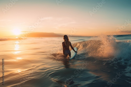 Woman swimming with a surf on the beach © Maximilien