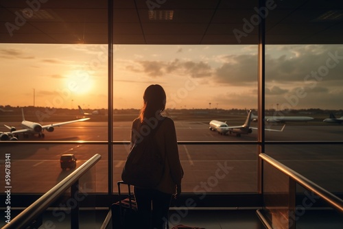 Woman holding luggage waiting her plane in front of an airport window at sunset © Maximilien