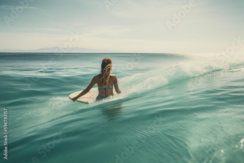 Woman swimming with a surf on the beach