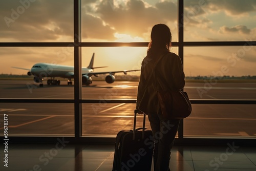 Woman holding luggage waiting her plane in front of an airport window at sunset © Maximilien