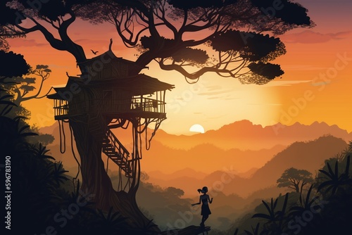 Vector illustration of a Woman relaxing on a wood tree house with tropical landscape sunset