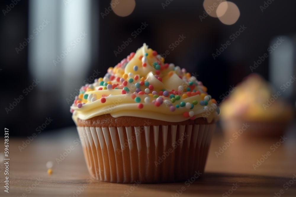 Close up picture of a cupcake with toppings, Generative IA Close up picture of a cupcake with toppings, Generative IA