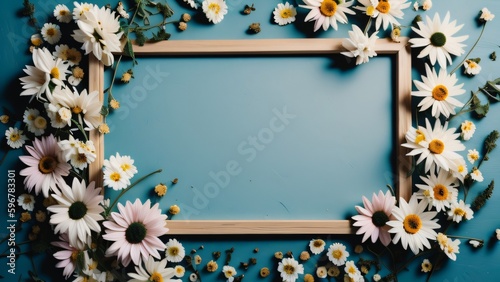Generative AI wooden frame surrounded by daisy flowers on pastel background, framework for invitation or congratulation