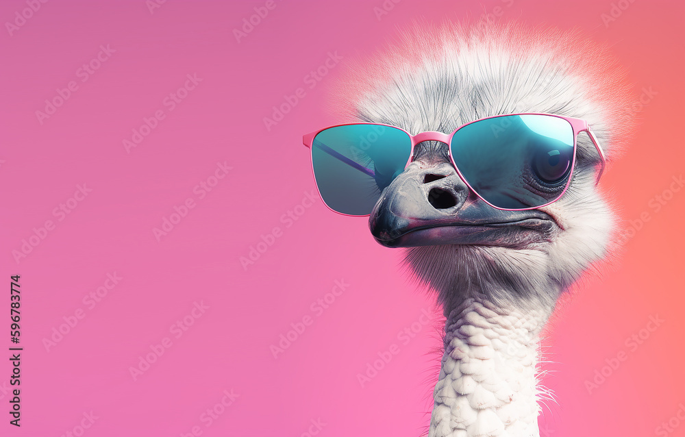 Creative animal concept. Ostrich bird in sunglass shade glasses isolated on solid pastel background, commercial, editorial advertisement, surreal surrealism