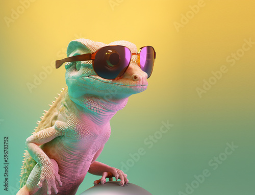 Creative animal concept. Gecko reptile in sunglass shade glasses isolated on solid pastel background, commercial, editorial advertisement, surreal surrealism.