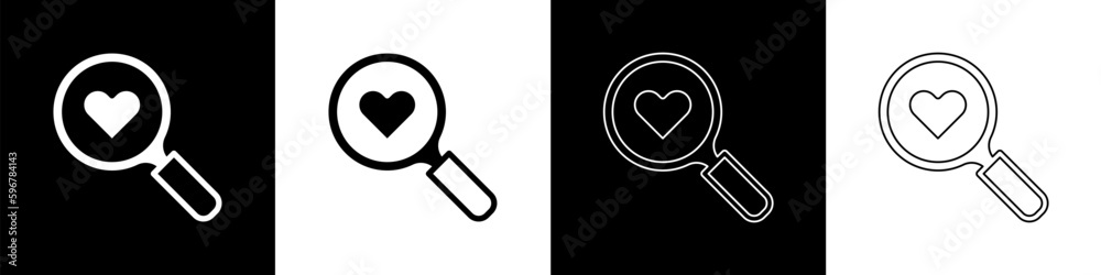 Set Search heart and love icon isolated on black and white background. Magnifying glass with heart inside. Happy Valentines day. Vector Set Search heart and love icon isolated on black and white background. Magnifying glass with heart inside. Happy Valentines day. Vector