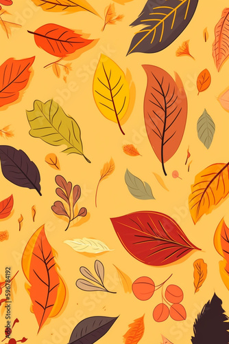 Ilustración de patrones de hojas de árboles caídas, colección de hojas de otoño estilo dibujo con colores pastel otoñales. Generative ai.