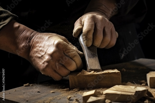 Manos de hombre trabajador albañil o carpintero. Manos con cayos duras trabajando. Generative ai. photo