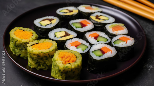 plate of colorful vegetarian sushi rolls, generative AI