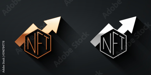Gold and silver NFT growth bar chart icon isolated on black background. Non fungible token. Digital crypto art concept. Long shadow style. Vector