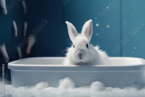 The bunny bathes in a bath in tub in soap and bubbles, pastel gentle colors, generative ai