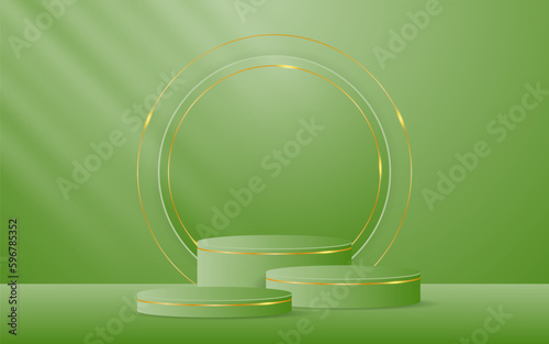 Multi-layered green podium with round shapes and elegant gold lines for displaying advertisements. Cosmetic product display. Stage or podium. vector illustration 