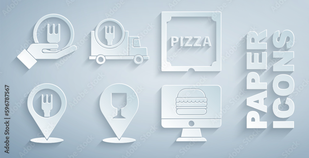 Set Alcohol or beer bar location, Pizza in cardboard box, Cafe and restaurant, Online ordering delivery, Fast by and icon. Vector Set Alcohol or beer bar location, Pizza in cardboard box, Cafe and restaurant, Online ordering delivery, Fast by and icon. Vector