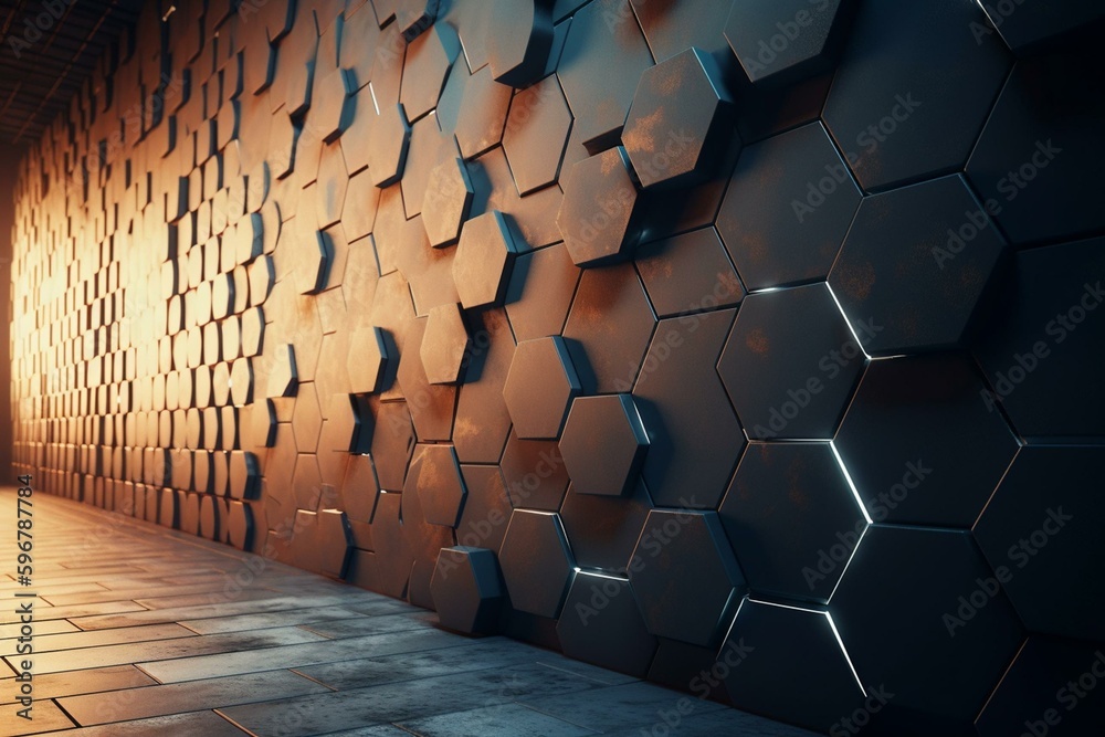 Futuristic hexagonal wall made of 3D tiles on semigloss blocks ...
